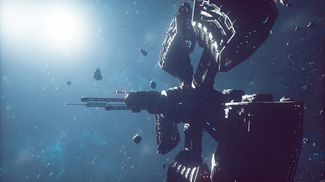 Detailed view of a futuristic space station amidst asteroid field