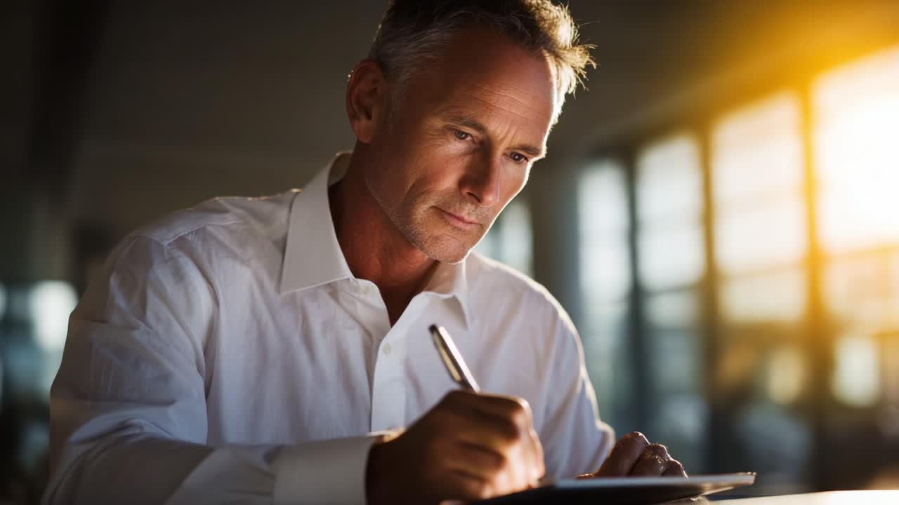 Focused Writer Capturing Thoughts on Paper in a Brightly Lit Environment, Showcasing Dedication and Creativity in a Personal Workspace with Natural Light Enhancing the Atmosphere