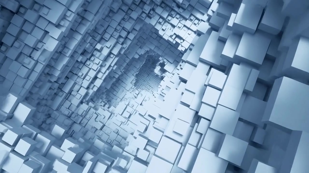 Dense three dimensional cubes form inward curving tunnel with smooth edges, receding layers, cool blue tones, soft highlights, strong depth, geometric order, modern futuristic mood