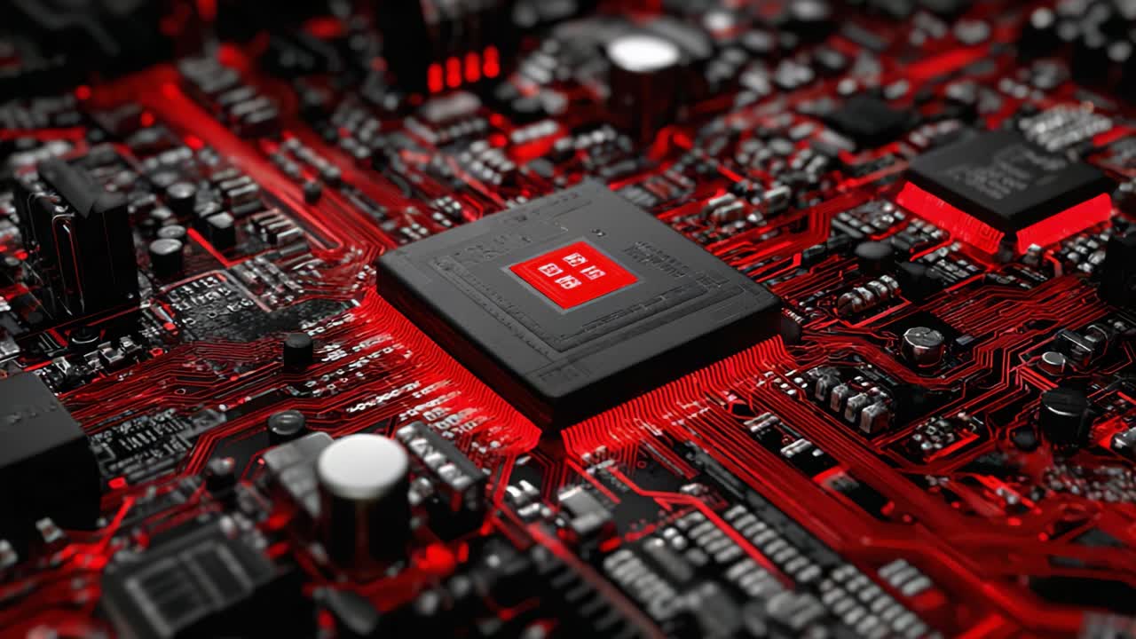 Close-Up Views of a Complex Red Circuit Board Featuring an Integrated Microprocessor and Intricate Electronic Components in a High-Tech Setting