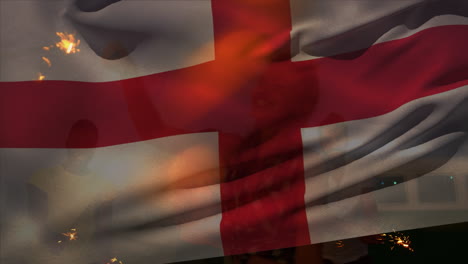 animation of waving england flag over group of friends on the beach