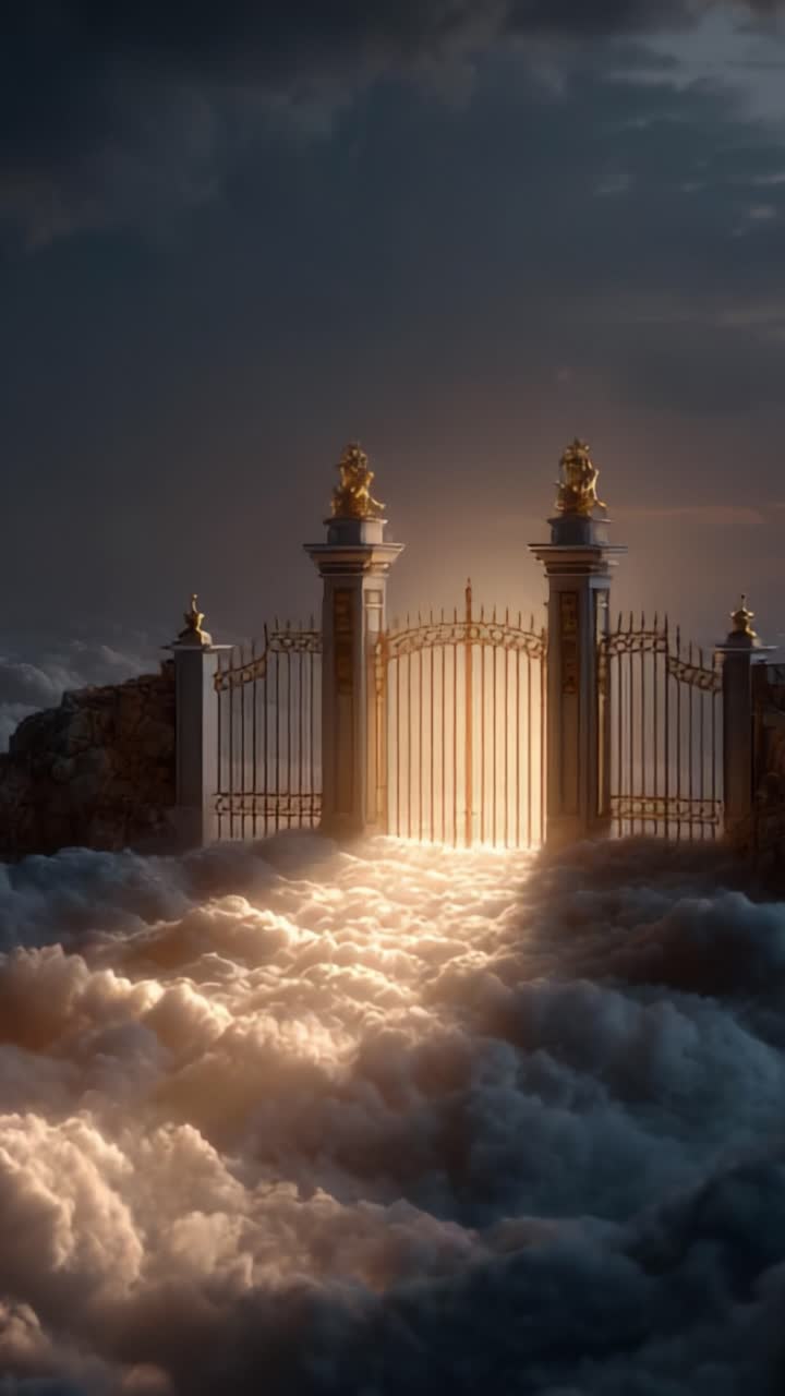 Ein majestätisches Golden Gate erhebt sich über den Wolken, getaucht in ätherisches Licht, das Hoffnung, Möglichkeiten und Neuanfänge in einer traumhaften Atmosphäre symbolisiert