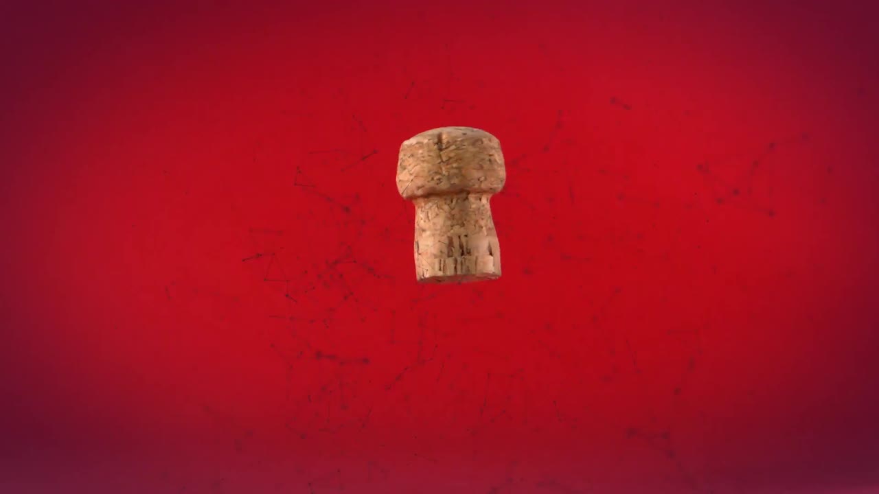 Rete di connessioni che fluttuano su un tappo di sughero di vino in caduta, su sfondo rosso.