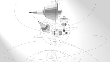 3d animation, pencils drawing curves on the air on white background