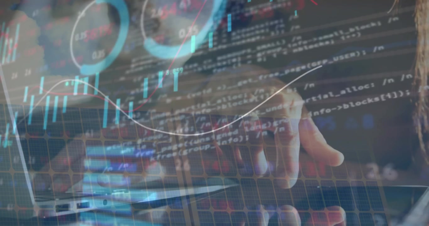 Animation of graphs, trading board and computer language, caucasian woman using cellphone and laptop