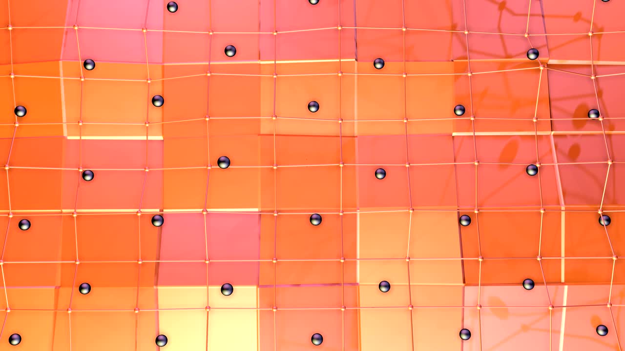 baja superficie polimétrica 3d con cuadrícula o malla voladora y esferas negras como elemento gráfico de movimiento. bajo fondo polimétrico suave de polígonos rojos anaranjados puros.