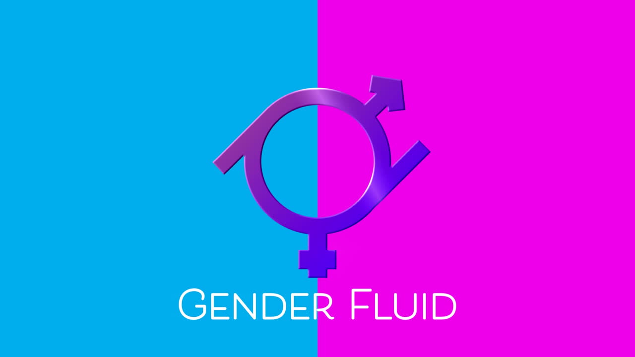 분홍색과 파란색 배경에 유동적인 성별 텍스트와 기호