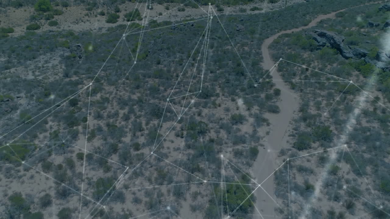 Network of connections and data processing animation over aerial view of landscape