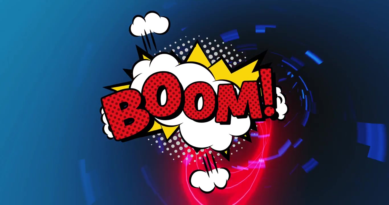 Animaatio "boom"-tekstistä retrohenkisessä puhekuplassa neonmuotojen päällä sinisellä taustalla.
