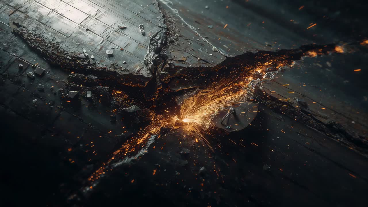 Starting at seam junction molten core emitting sparks on plated deck, spreading fissure and debris