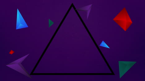 animated multicolored triangles move on a purple backdrop in a digital video.