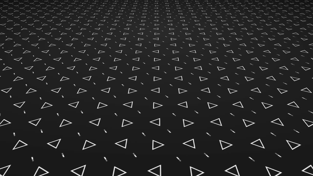Stroked pentagonal triangles with moving lines and geometric pattern shapes positioned on 3D angled plane amid dark gradient background drifting through space dynamic visual effect graphics gray white