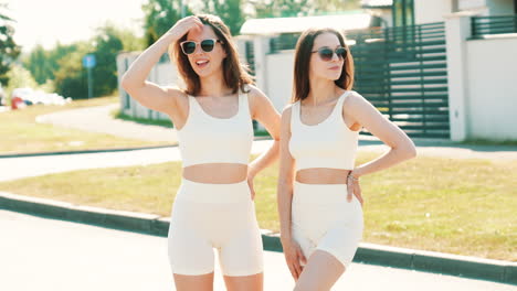 two women in cream-colored sportswear posing on a sunny street