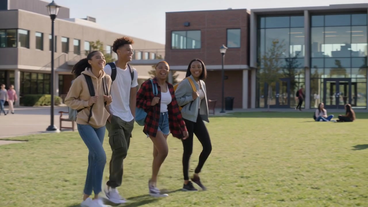 Quattro studenti che camminano, indossando felpe con cappuccio e camicie a quadri, mentre attraversano il piazzale del campus con gli zaini tra una lezione e l'altra.