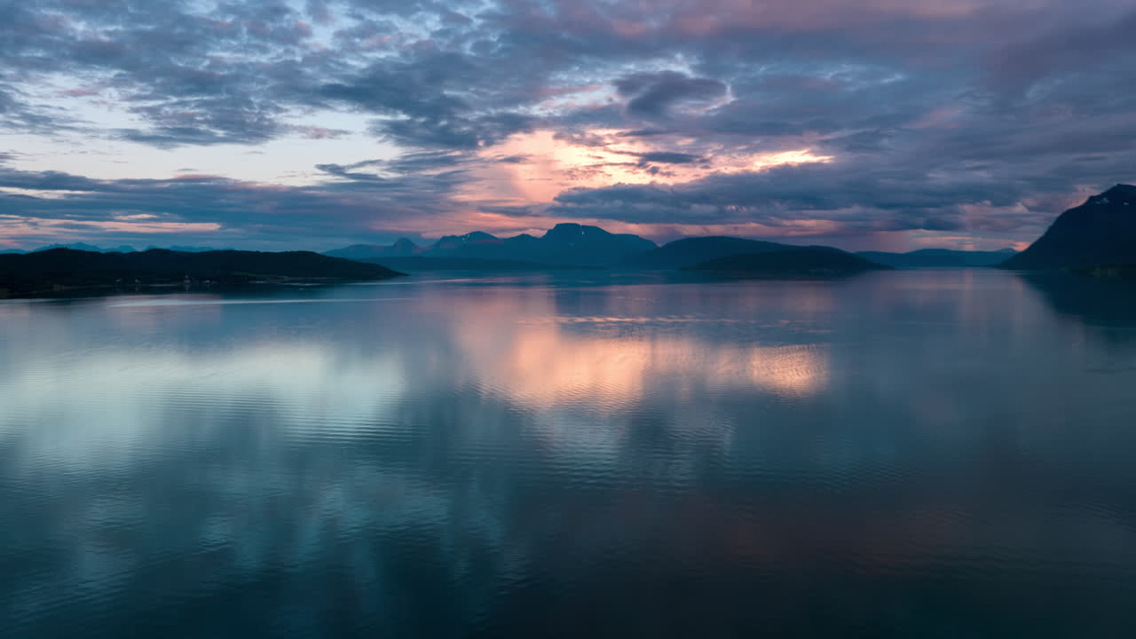 Colourful sunset and reflection in Norwegian fjord