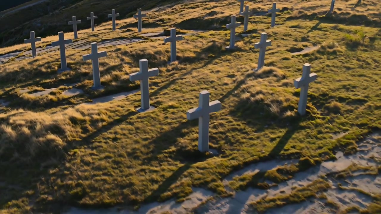 Drone che si allontana, rivelando croci bianche su un pendio erboso, mostrando appezzamenti sabbiosi e lunghe ombre.