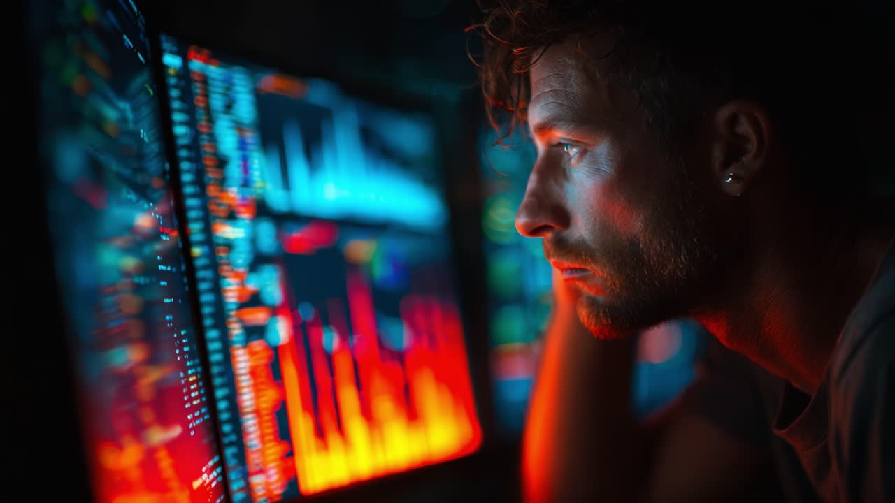 Focused Analysis: A User Interpreting Data Visualizations and Graphs on a High-Tech Screen with a Captivating Color Palette in a Dark Environment