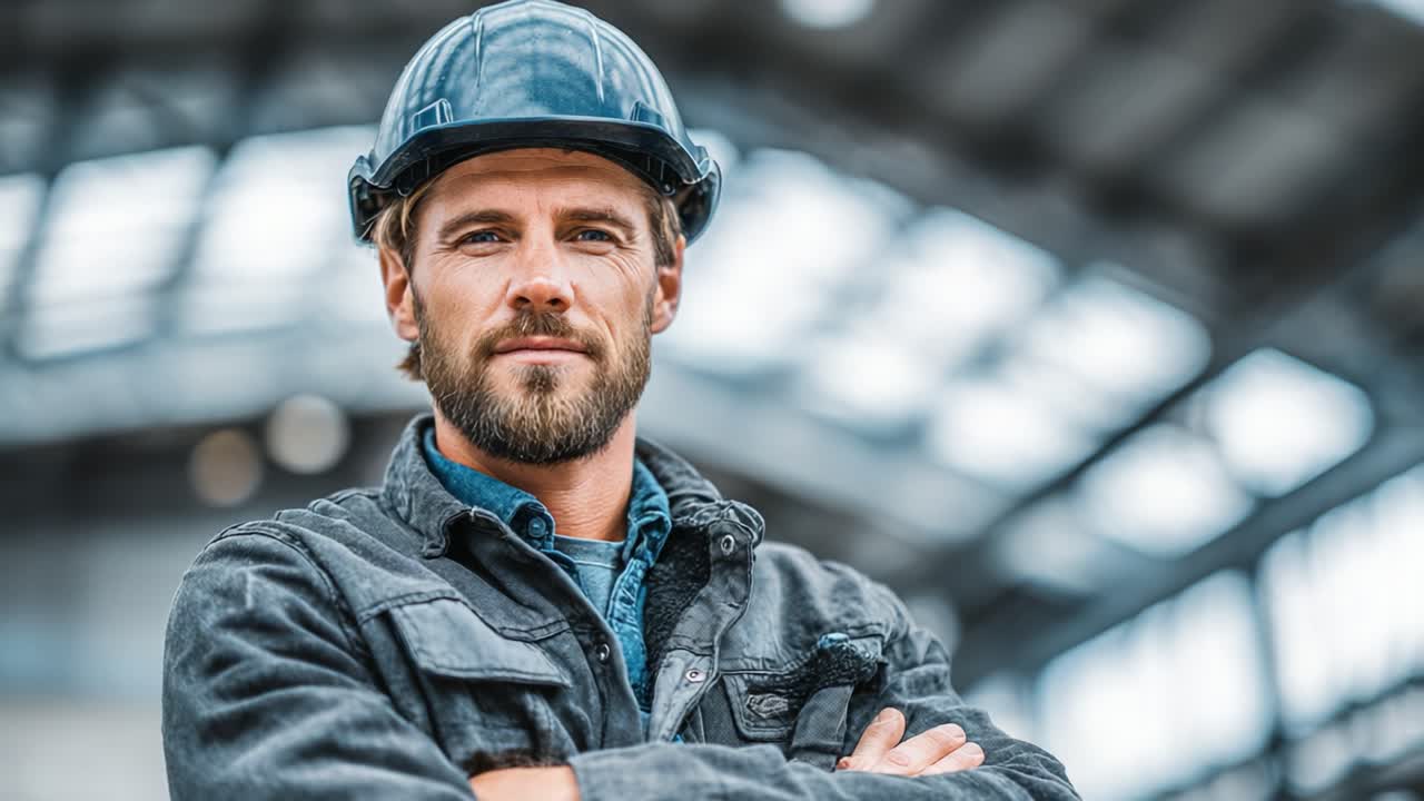 Confident Construction Worker Posing in Industrial Setting, Showcasing His Expertise and Professionalism in Modern Workspace
