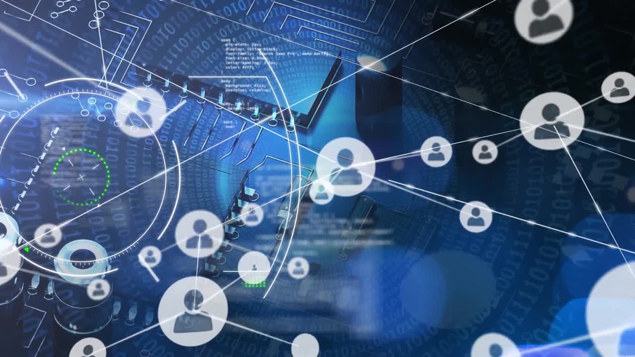 회로판의 클로즈업에 대한 프로파일 아이콘 네트워크를 통해 범위 스캔의 애니메이션