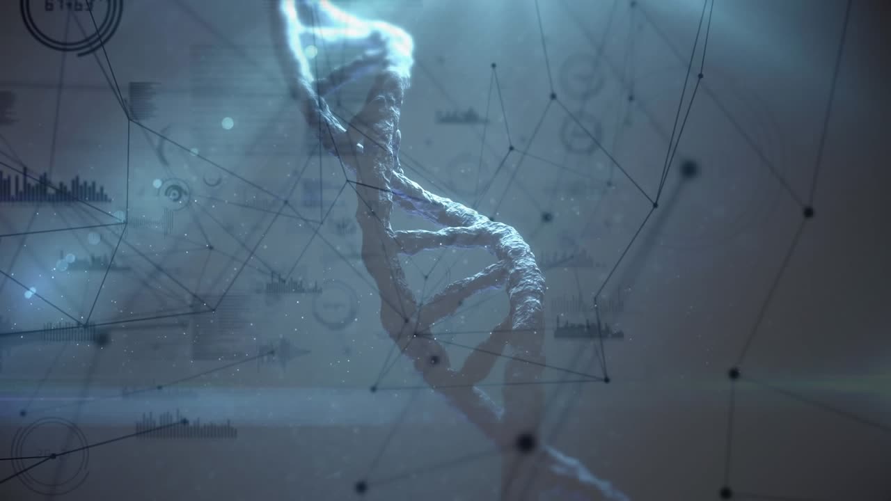 Animazione dell’elaborazione di dati scientifici e filamento di DNA su sfondo grigio