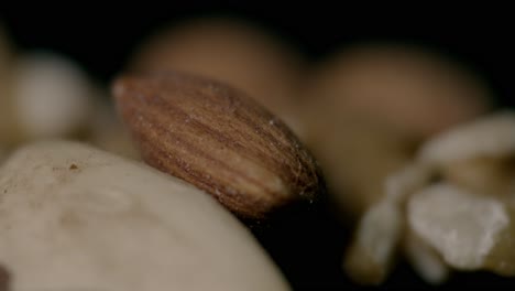 Intimate close-up of assorted nuts shot in dramatic lighting, highlighting textures and details. The focus is on a singular almond with blurred nuts in the background, evoking a rustic mood