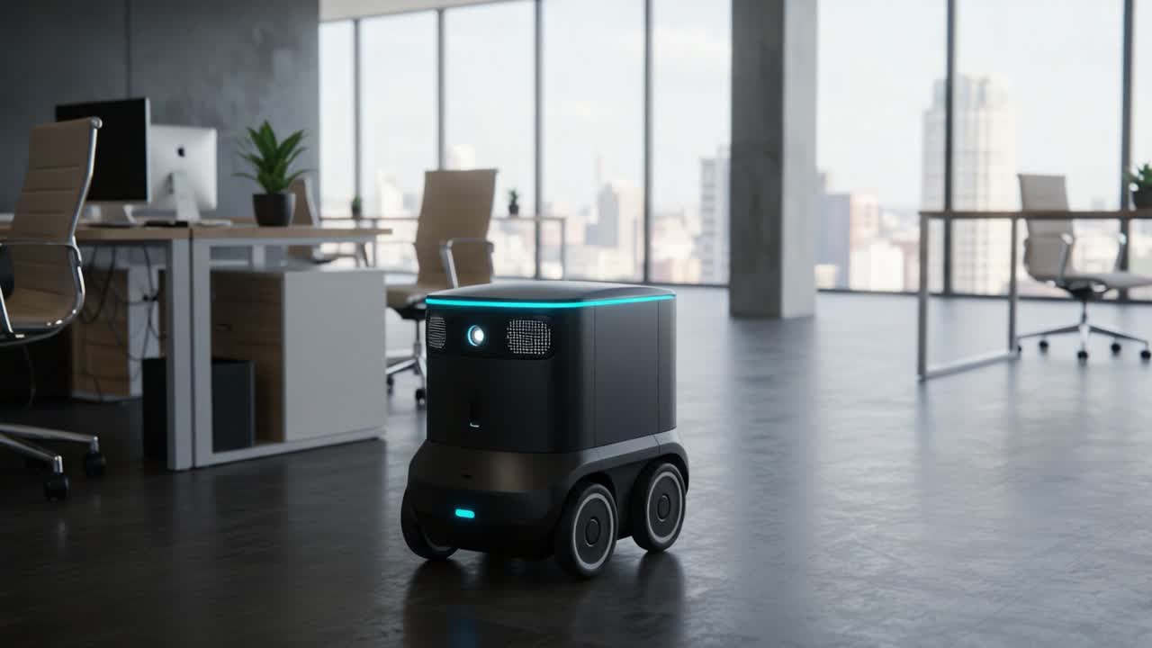 Autonomous Delivery Robot Navigating a Modern Office Space, Showcasing Advanced Technology and Efficiency in Workplace Automation