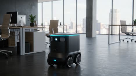 autonomous delivery robot navigating a modern office space, showcasing advanced technology and efficiency in workplace automation
