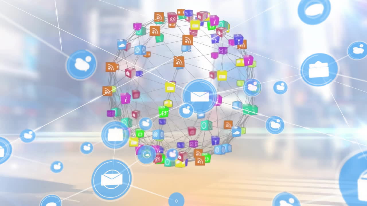 흐릿한 도시 위에 미디어 아이콘 네트워크를 통해 커뮤니케이션 아이콘 네트워크의 애니메이션