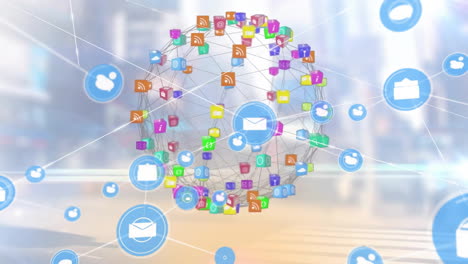 animación de la red de iconos de comunicación sobre la red de íconos de medios sobre la ciudad borrosa