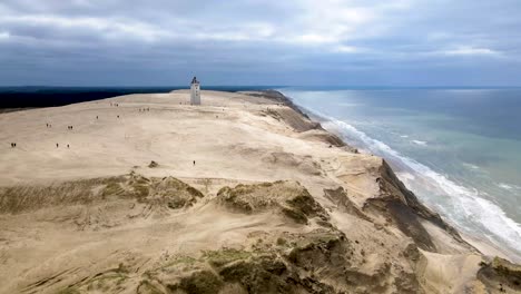 aerial view of rubjerg knude with lighthouse and beautiful coastline by the north sea, denmark