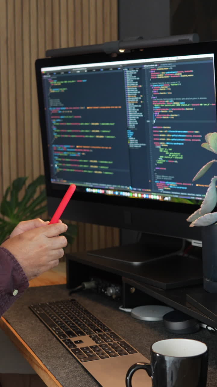 A programmer uses a smartphone with a large monitor displaying colorful code, highlighting a digital heart icon. Moody lighting and a modern setup create a tech-savvy ambiance. Vertical video format