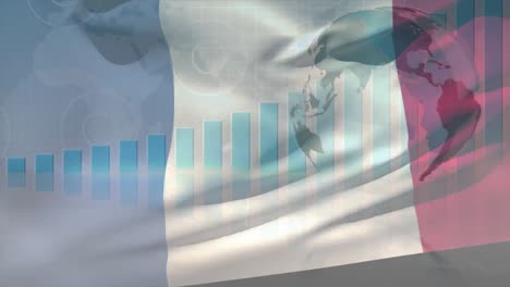 Waving-france-flag-against-spinning-globe-and-statistical-data-processing