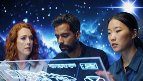 three experts engage with a high-tech display, analyzing data in a vibrant, cosmic setting. their focused expressions highlight collaboration and innovation in cutting-edge research.