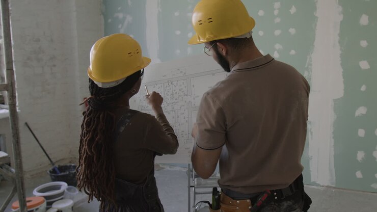 Construction workers reviewing a blueprint
