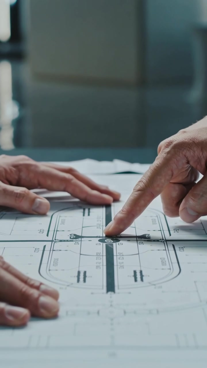 Video verticale: Mani con maniche appoggiate che indicano e tengono una planimetria al tavolo, annotando il corridoio.