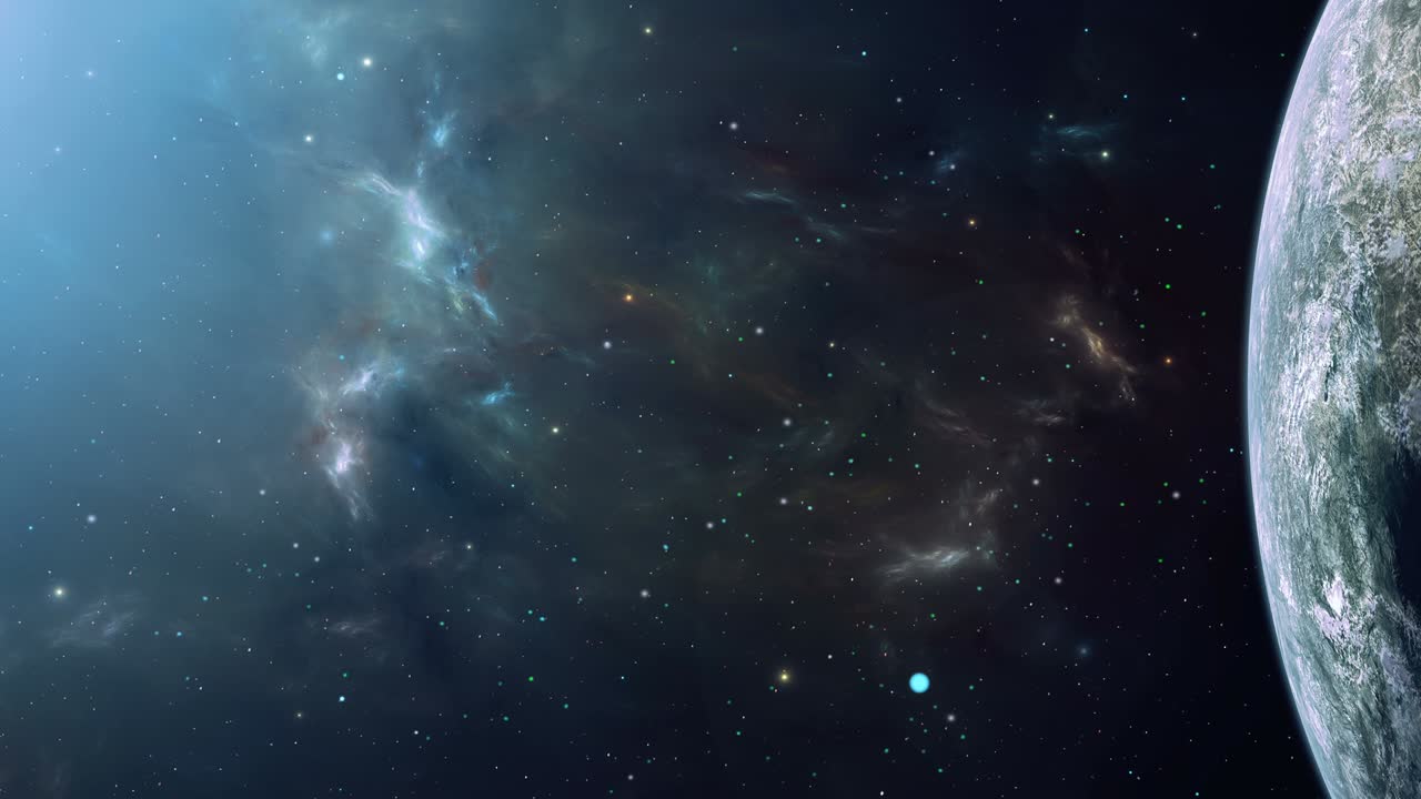 fondo espacial. volando alrededor de un gran planeta con coloridas nebulosas fractales y estrellas. animación digital, renderización 3d