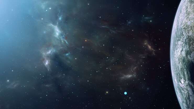 Space background. Flying around large planet with colorful fractal nebula and stars. Digital animation, 3D rendering