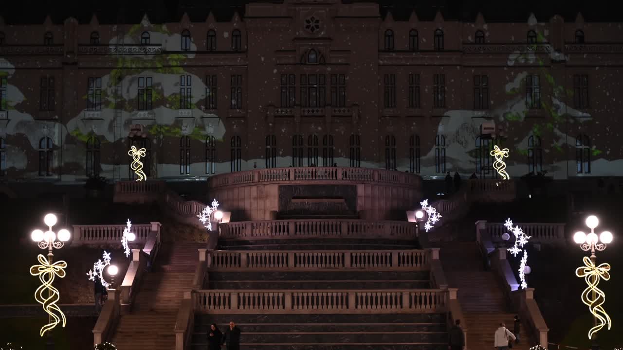 Iasi, Romania - December 18, 2020: View of the Palace of Culture with Christmas decorations at night