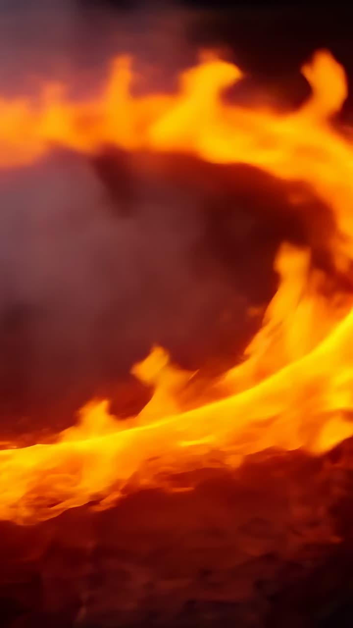 Vertical video: Sparking flame band curling and spiking in close-up, from embers