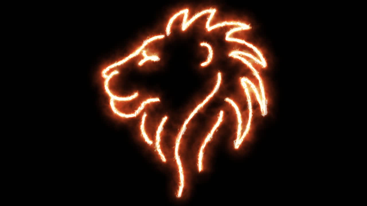 Löwenprofil-Kopfsilhouette aus brennenden Flammen und Löwenkopf in Neonlichtern