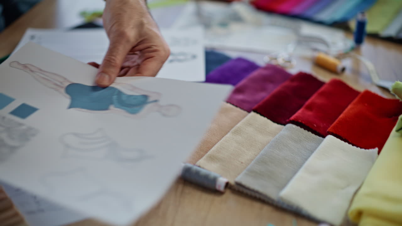 Nærbilde av en motedesigners hender som arrangerer fargeprøver av stoff på et designkontor
