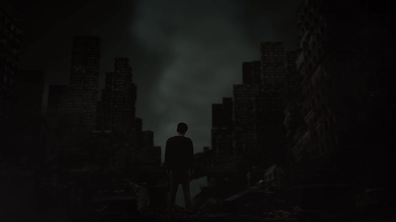 전쟁 후 폐허가 된 도시 한가운데에 서있는 고통스러운 아시아 난민 남성의 전신 뒷면. 전쟁으로 인해 슬프고 머리를 흔들고. 거절의 개념.