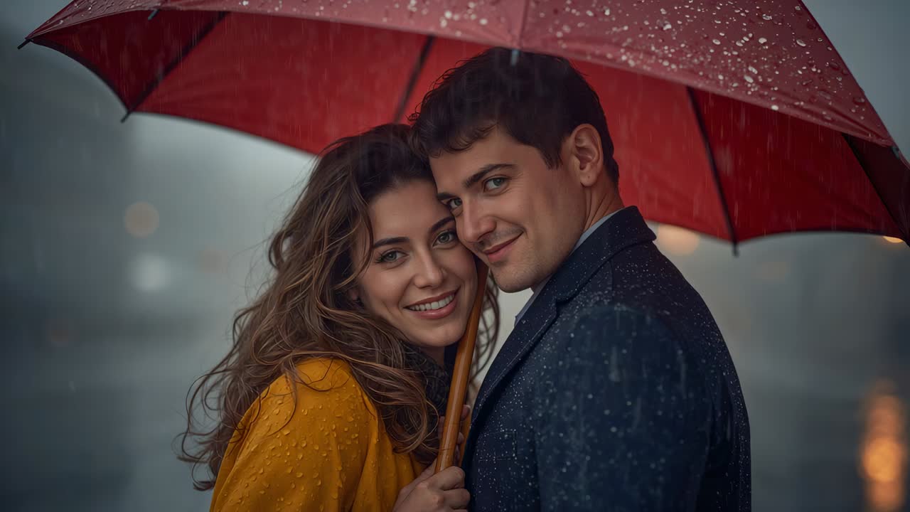 Holding red umbrella, man and woman leaning at pier while rain falling, mustard coat and headlights