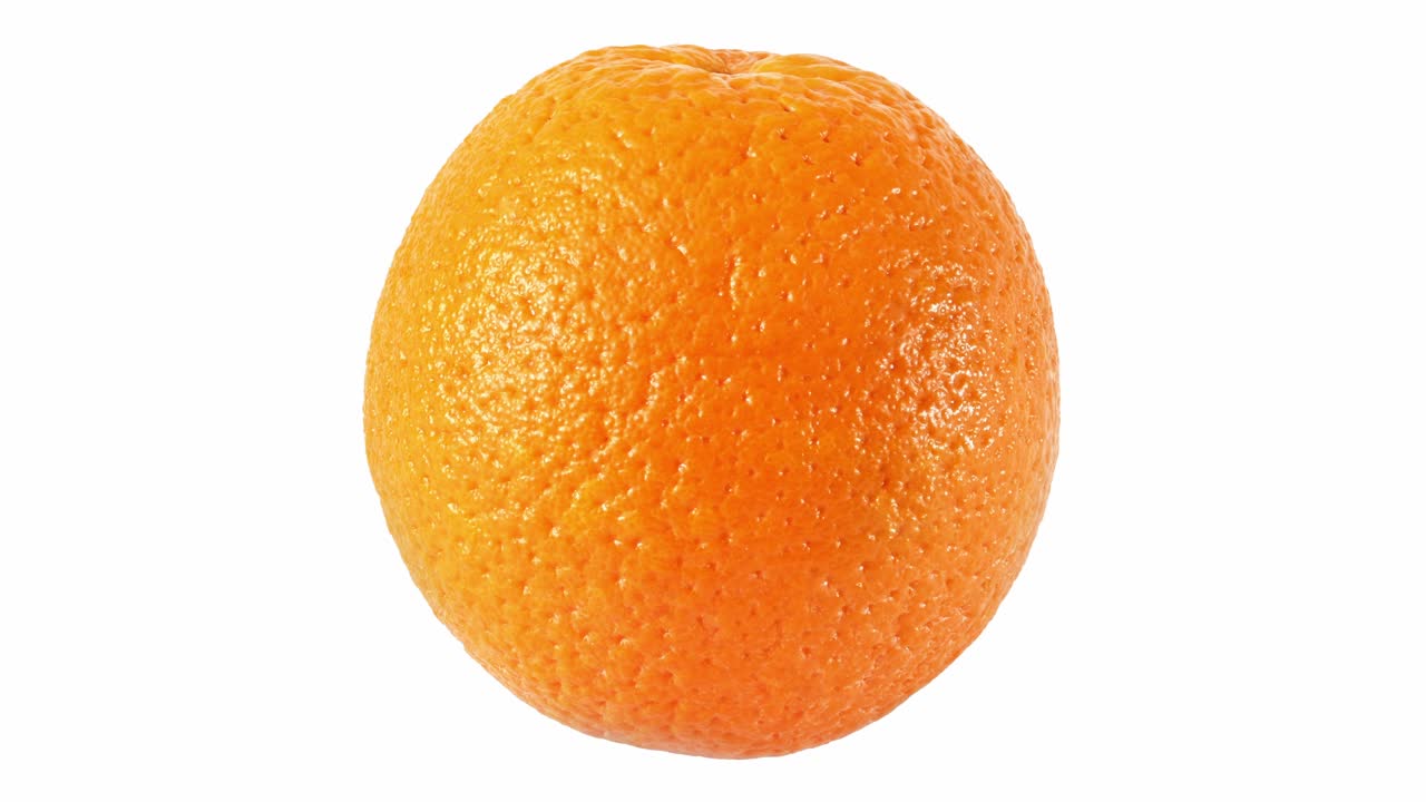 fruto cítrico naranja uno entero girando sobre fondo blanco, vista superior.