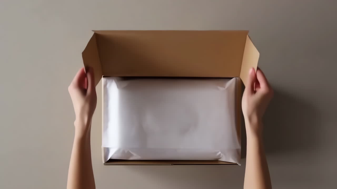 Hands opening a cardboard box with white tissue paper