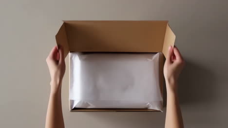 hands opening a cardboard box with white tissue paper