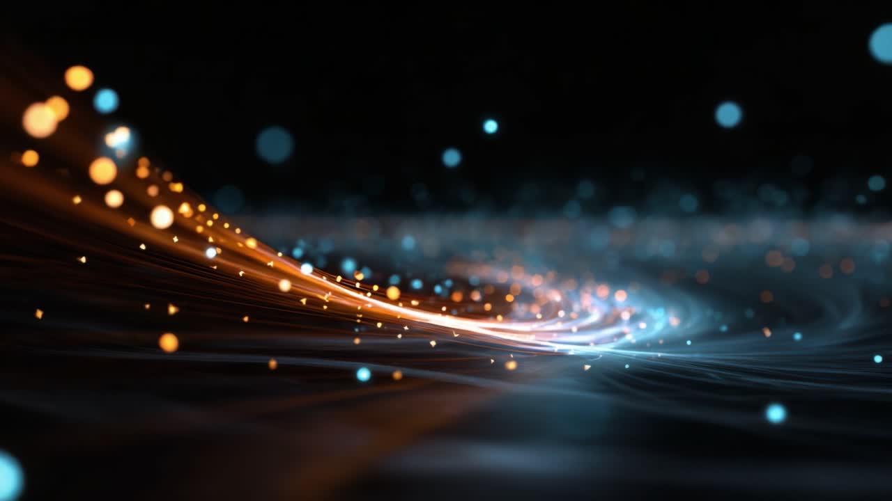 A Captivating Dance of Light and Color: Dynamic Abstract Waves of Particles Flowing Through a Dark Background, Creating a Mesmerizing Visual Experience