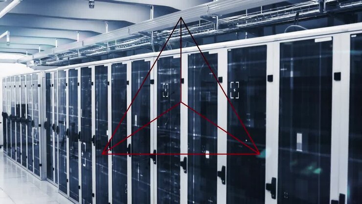 Animation of red triangle spinning and data processing over computer servers