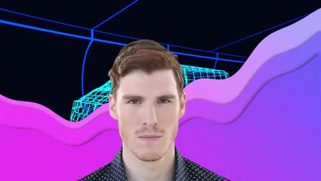 animación de hombre caucásico sobre onda púrpura, modelo de dibujo 3d de furgoneta y cuadrícula