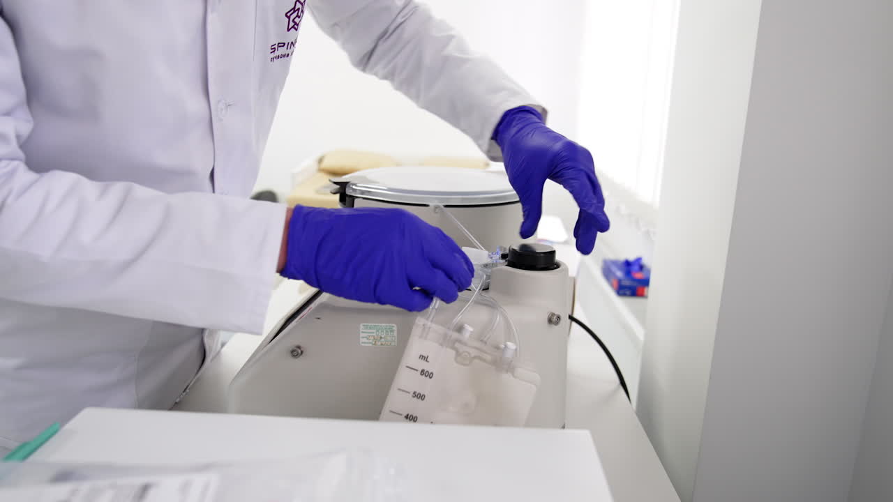 Doctor in white robe stands at the medical equipment. Unrecognized medic preparing device for blood sampling. PRP-therapy concept.